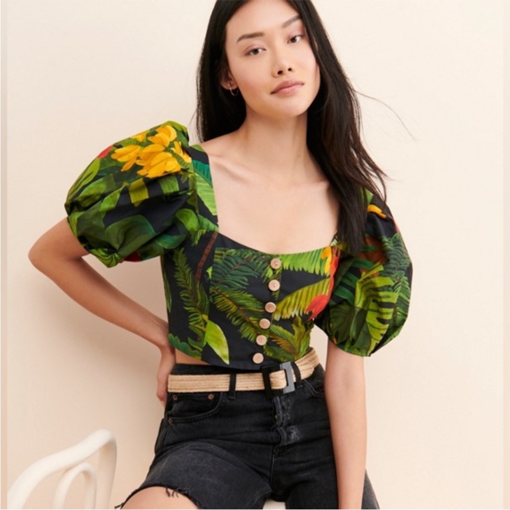 🆕 Farm Rio Cocoa Forest Tropical Print Cropped Button Down Top Size M - Picture 8 of 16
